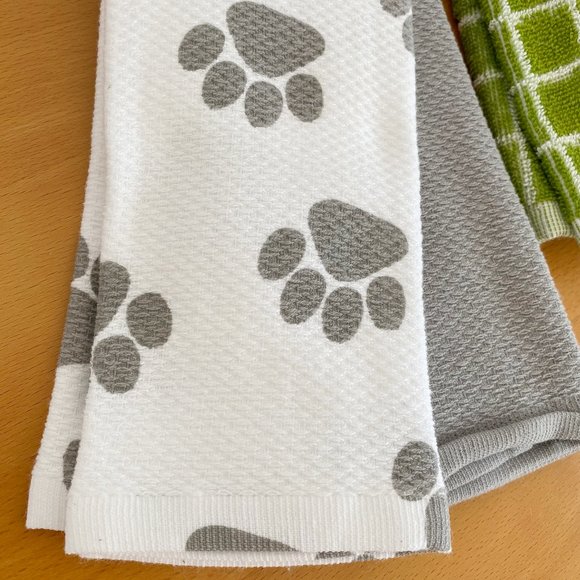 Kitchen Hand Towels, 100% Cotton, Dog paw / Home wording, White Green Gray - Picture 3 of 3